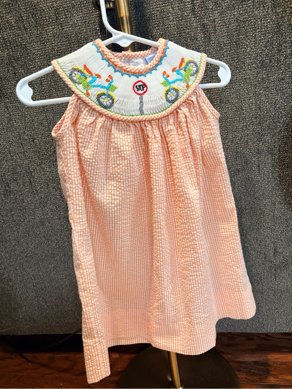 Smocked Peach Seersucker Girls' Casual Dress with Embroidered Collar